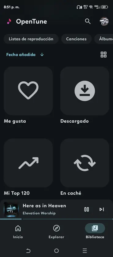 OpenTune library screen showing liked and downloaded music